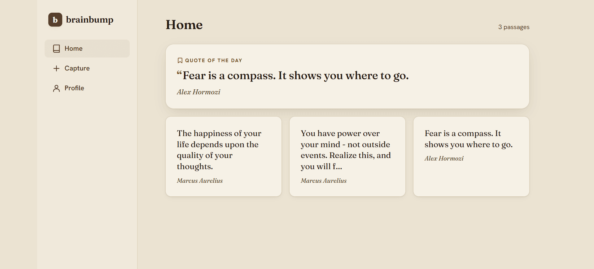 brainbump Home tab: a “Quote of the day” card above a grid of saved passages, with Home / Capture / Profile navigation in the sidebar