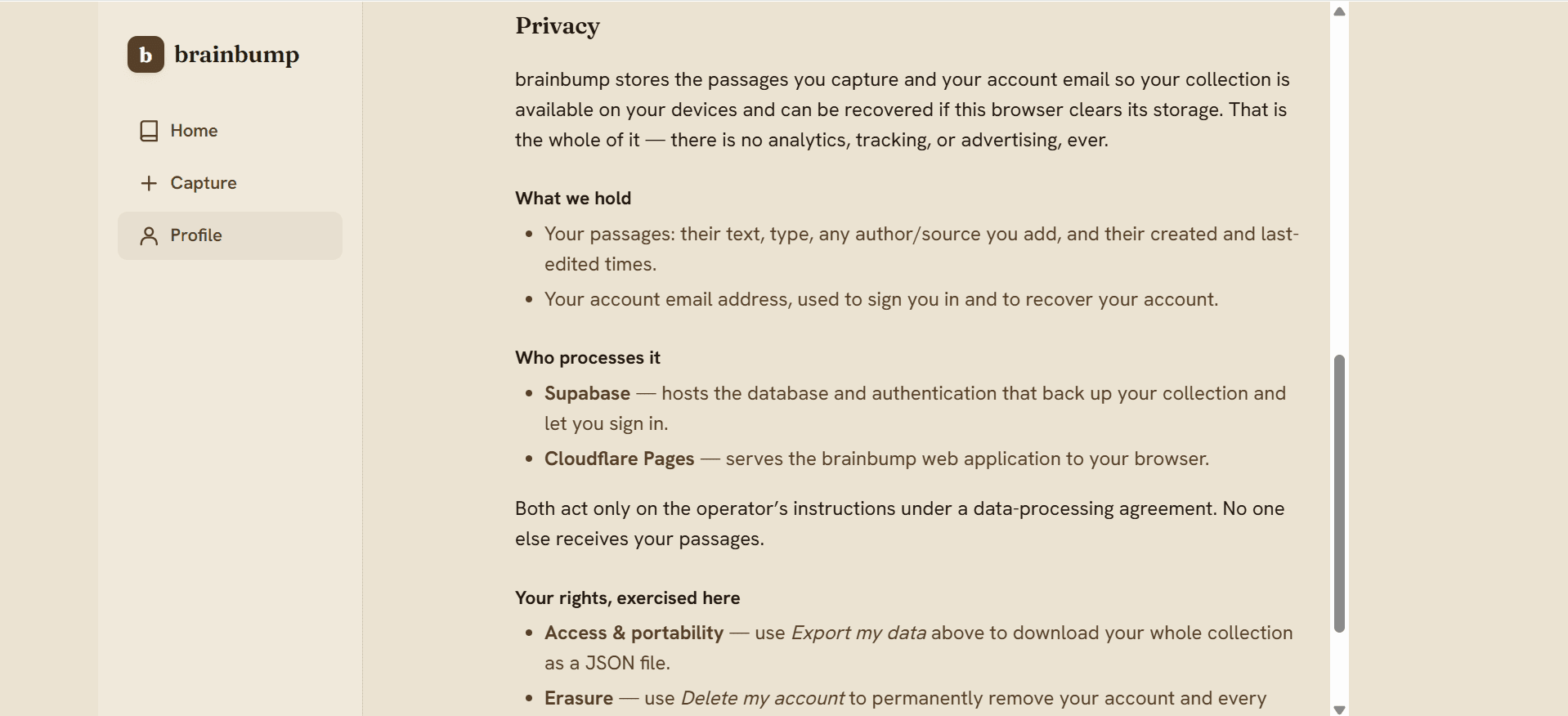 brainbump Privacy section explaining that it stores only your captured passages and account email — with no analytics, tracking, or advertising — and lists Supabase and Cloudflare as the only data processors