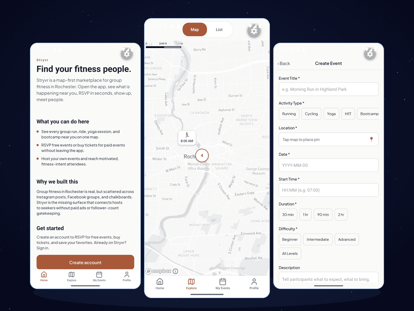 Three Stryvr mobile screens: the home page reading “Find your fitness people,” the Explore map with event pins around Rochester, NY, and the Create Event form