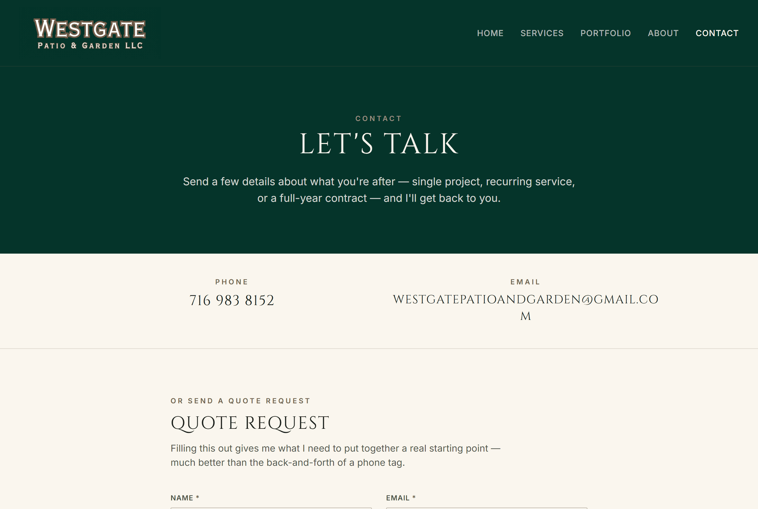 Contact page with business details and a quote-request form