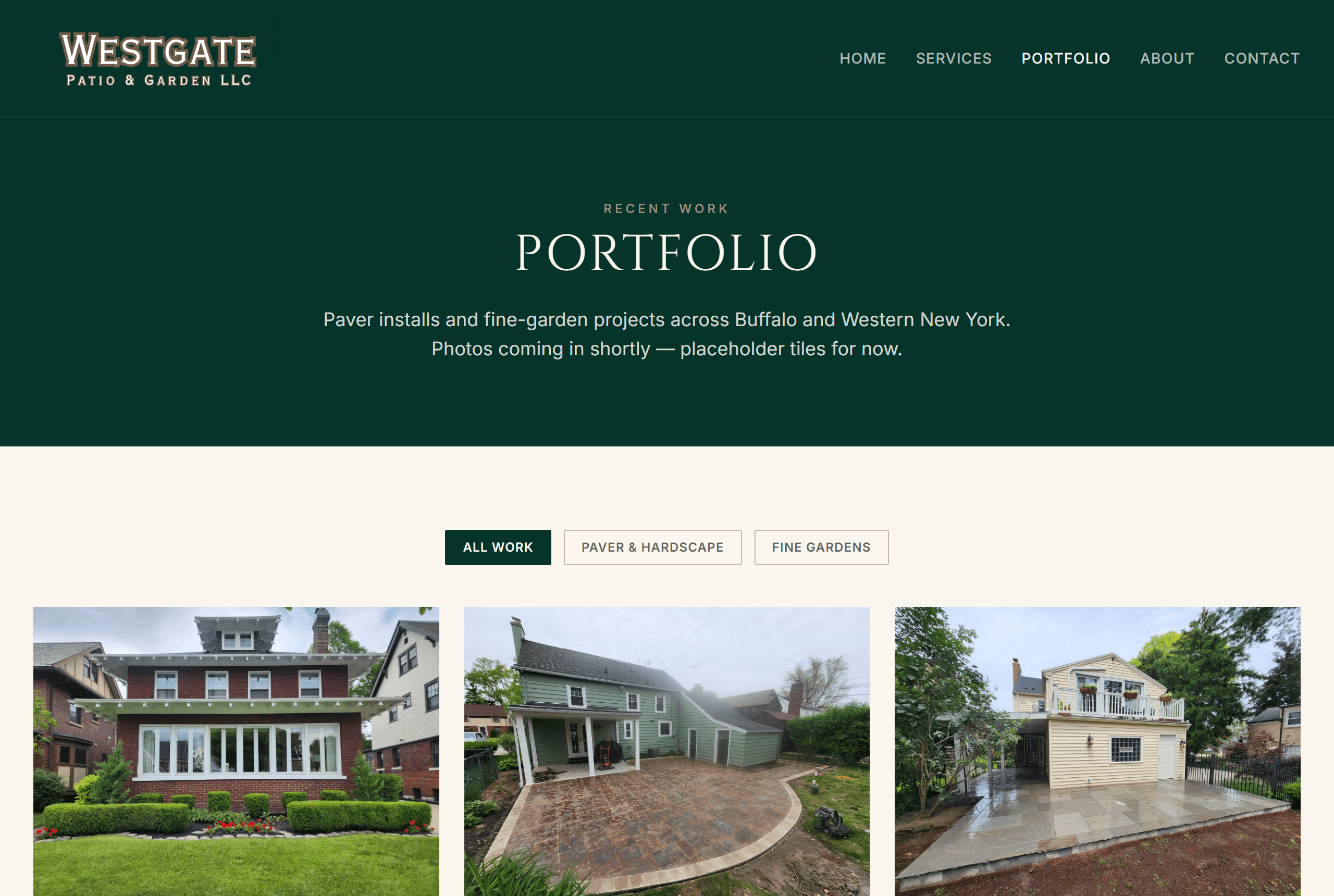 Portfolio page with category filter buttons and a responsive grid of project tiles