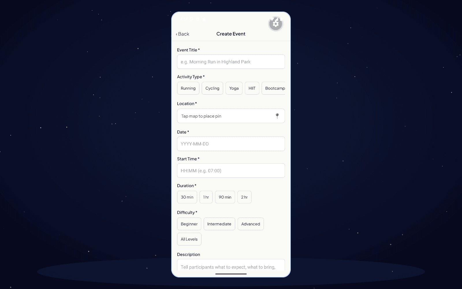 Host flow: the Create Event form with activity type, map-pin location, date, duration, and difficulty fields