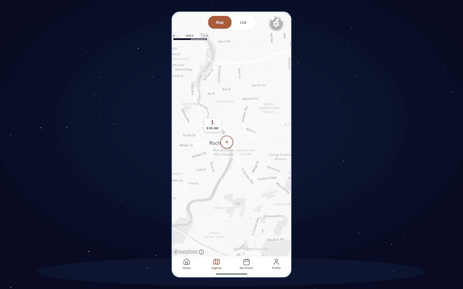 Explore tab: a Mapbox map of Rochester with a clustered event pin and an 8:00 AM run pin, over Home / Explore / My Events / Profile navigation
