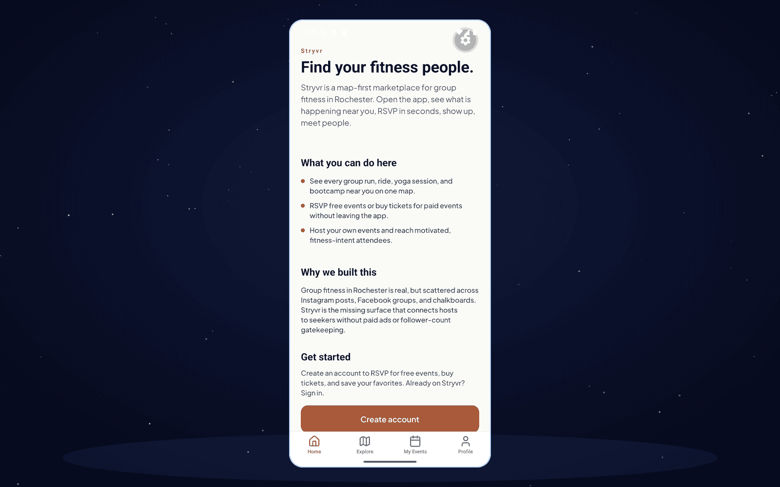 Home tab: “Find your fitness people.” brand copy explaining the marketplace, with a Create account call to action